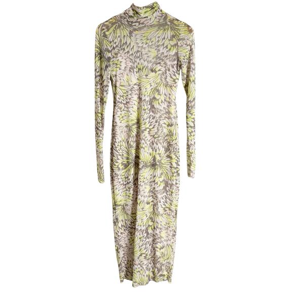 AFRM Shailene Green Abstract Long Sleeve Mesh Turtleneck Midi Dress Size S - Picture 4 of 12